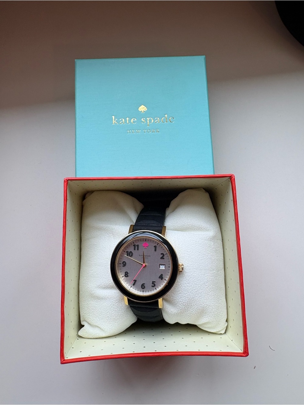 kate spade Black Strap Gold-Tone Case Watch with Gray Dial and Pink Accents